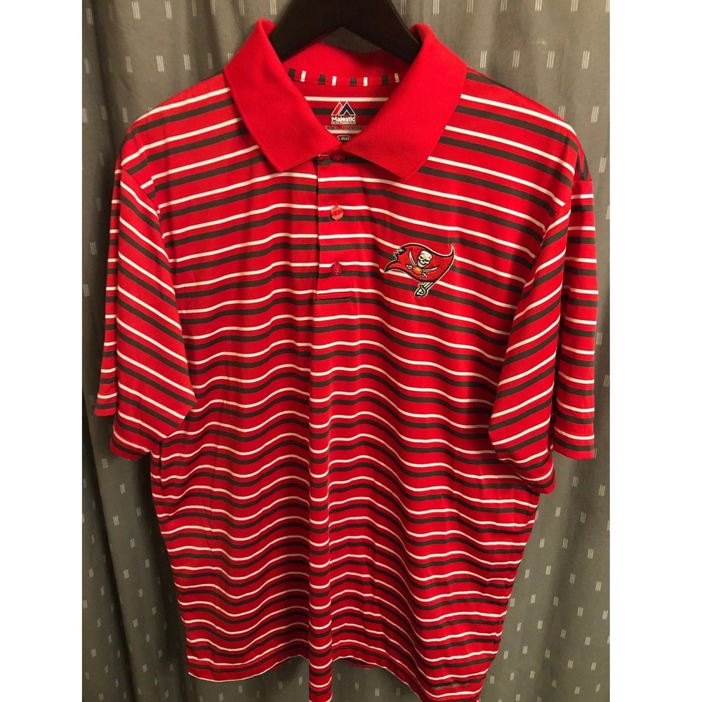 Majestic NFL Tampa Bay Buccaneers Polo Shirt Mens Large Red Striped Cool Base